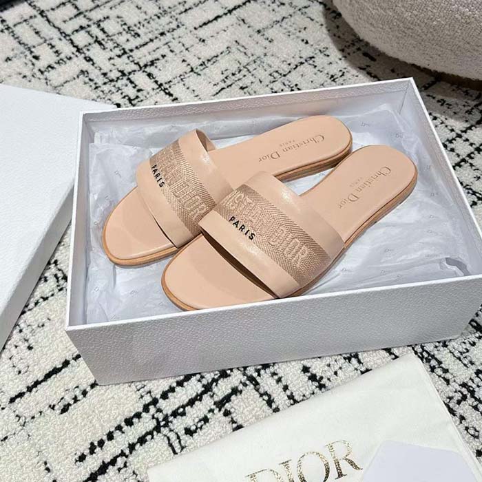 Dior Unisex CD Dway Slide Nude Calfskin Embroidered Cotton