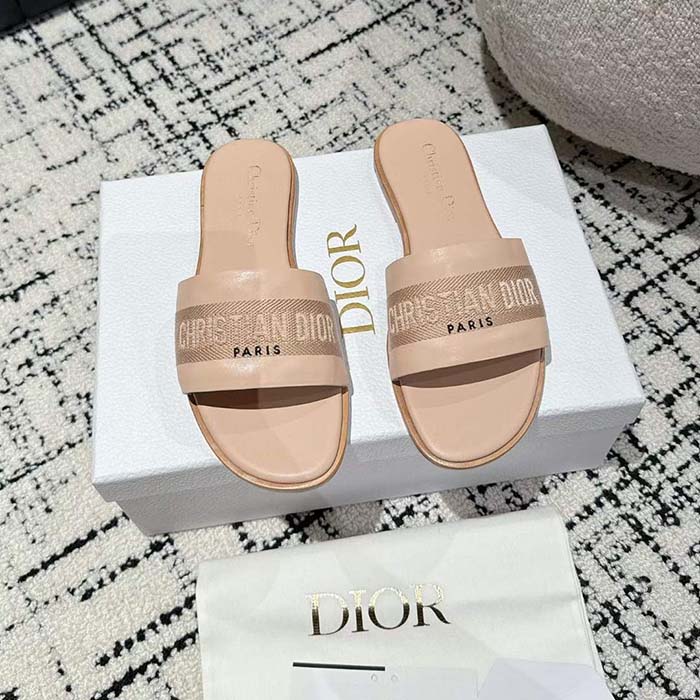 Dior Unisex CD Dway Slide Nude Calfskin Embroidered Cotton