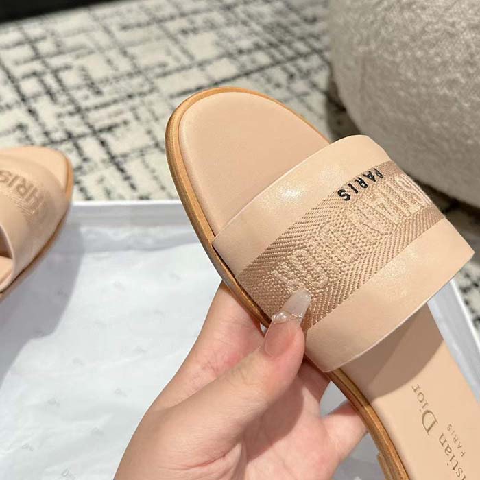 Dior Unisex CD Dway Slide Nude Calfskin Embroidered Cotton