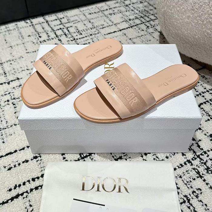 Dior Unisex CD Dway Slide Nude Calfskin Embroidered Cotton