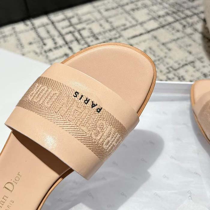 Dior Unisex CD Dway Slide Nude Calfskin Embroidered Cotton