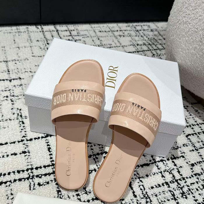 Dior Unisex CD Dway Slide Nude Calfskin Embroidered Cotton