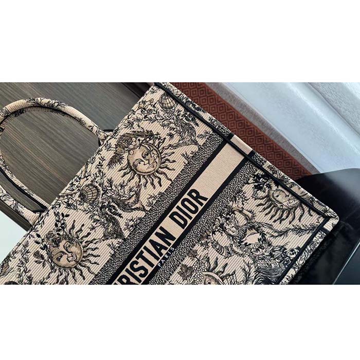 Dior Unisex Large Dior Book Tote Beige Black Toile De Jouy Soleil Embroidery