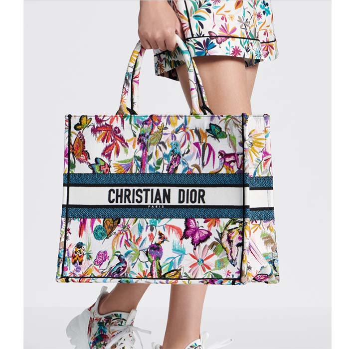 Dior Unisex Large Dior Book Tote White Multicolor Toile De Jouy Fantastica Embroidery