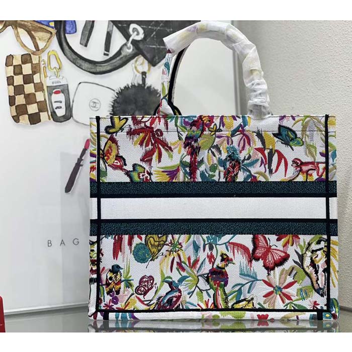Dior Unisex Large Dior Book Tote White Multicolor Toile De Jouy Fantastica Embroidery