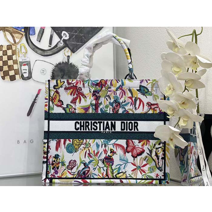 Dior Unisex Large Dior Book Tote White Multicolor Toile De Jouy Fantastica Embroidery