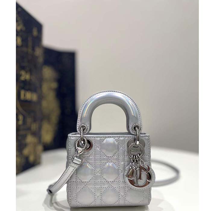 Dior Women CD Dior Or Lady Dior Micro Bag Metallic Crinkled Cannage Calfskin