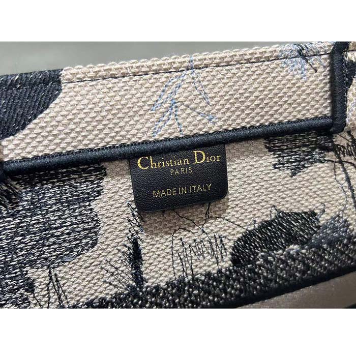 Dior Women CD Medium Dior Book Tote Beige Black Fleurs Mystiques Embroidery