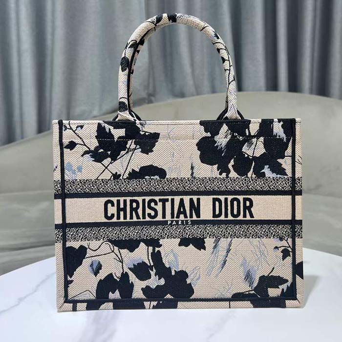 Dior Women CD Medium Dior Book Tote Beige Black Fleurs Mystiques Embroidery