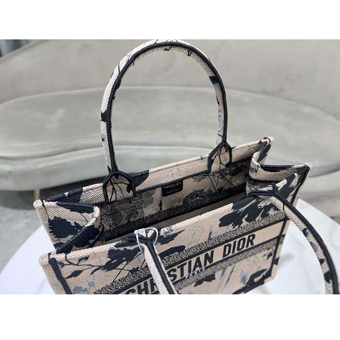 Dior Women CD Medium Dior Book Tote Beige Black Fleurs Mystiques Embroidery