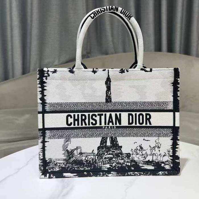 Dior Women CD Medium Dior Book Tote White Black Paris Embroidery
