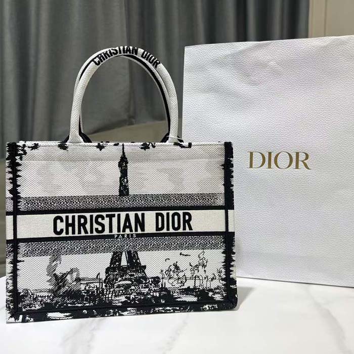 Dior Women CD Medium Dior Book Tote White Black Paris Embroidery
