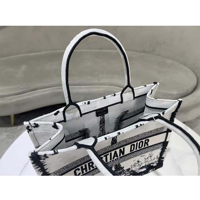 Dior Women CD Medium Dior Book Tote White Black Paris Embroidery