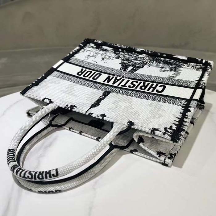 Dior Women CD Medium Dior Book Tote White Black Paris Embroidery
