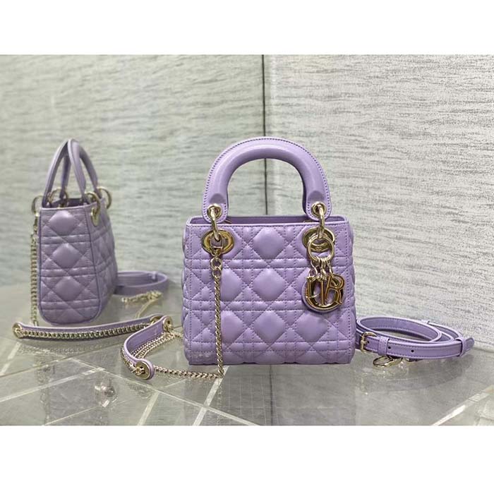 Dior Women CD Mini Lady Dior Bag Lilac Cannage Lambskin