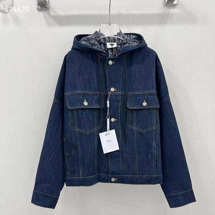 Dior Men CD Oversized Hooded Jacket Blue Cotton Denim Dior Oblique Interior