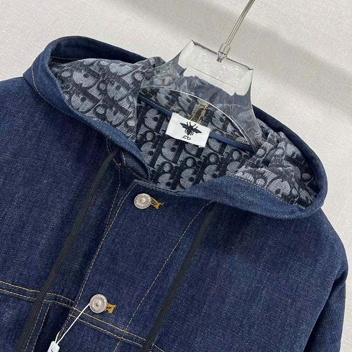 Dior Men CD Oversized Hooded Jacket Blue Cotton Denim Dior Oblique Interior
