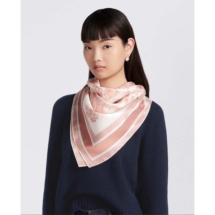 Dior Women CD Toile De Jouy Sauvage 90 Square Scarf Ivory Pink Silk Twill