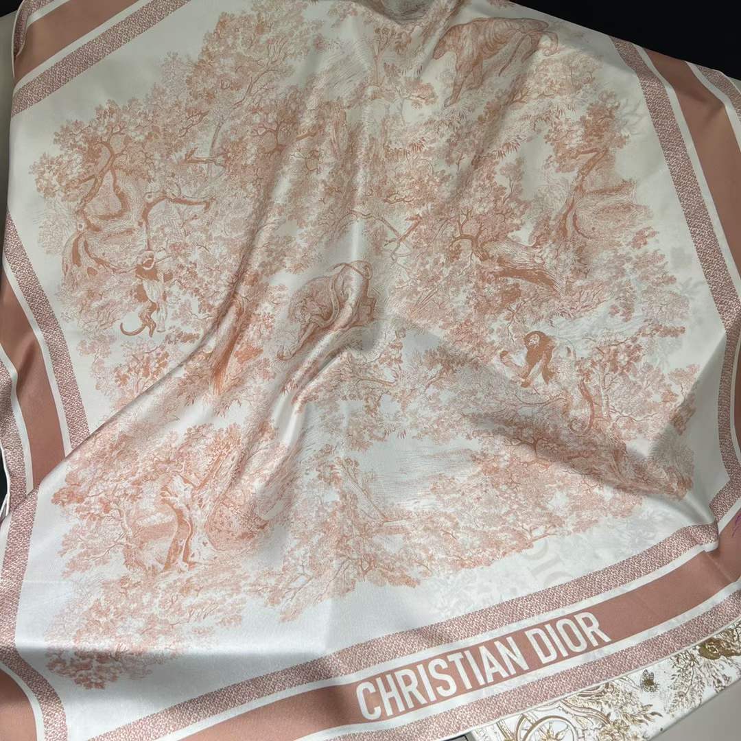 Dior Women CD Toile De Jouy Sauvage 90 Square Scarf Ivory Pink Silk Twill