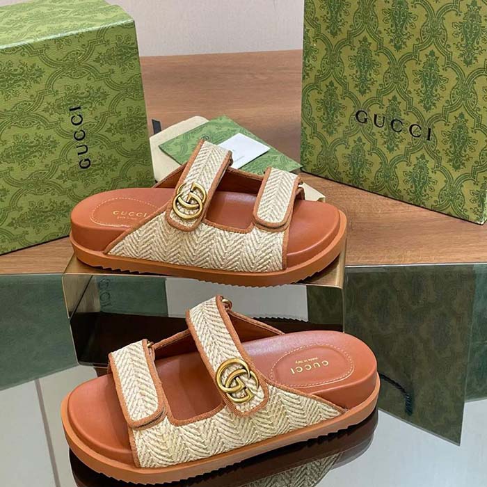 Gucci GG Unisex Sandal Double G Natural Raffia Effect Viscose Rubber Flat