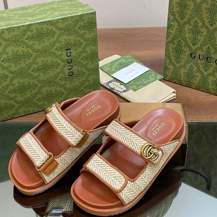 Gucci GG Unisex Sandal Double G Natural Raffia Effect Viscose Rubber Flat