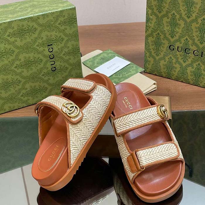 Gucci GG Unisex Sandal Double G Natural Raffia Effect Viscose Rubber Flat