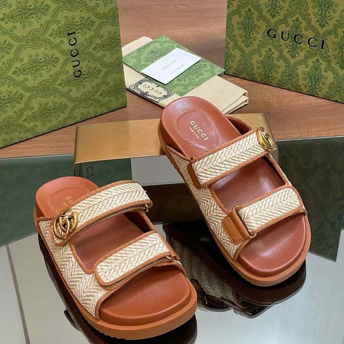 Gucci GG Unisex Sandal Double G Natural Raffia Effect Viscose Rubber Flat