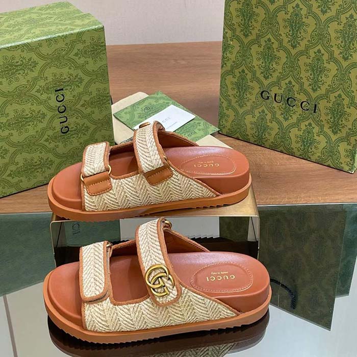 Gucci GG Unisex Sandal Double G Natural Raffia Effect Viscose Rubber Flat