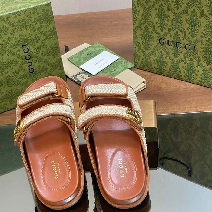Gucci GG Unisex Sandal Double G Natural Raffia Effect Viscose Rubber Flat