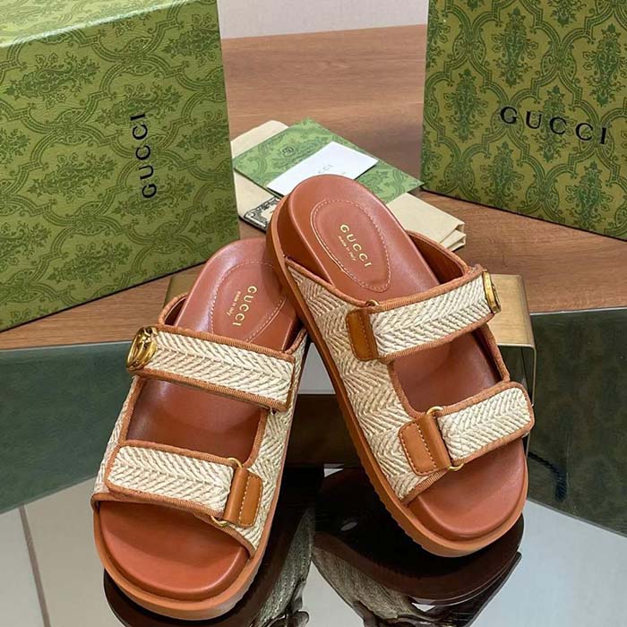 Gucci GG Unisex Sandal Double G Natural Raffia Effect Viscose Rubber Flat