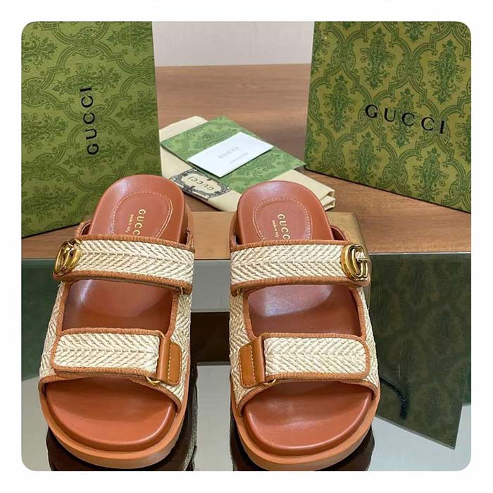 Gucci GG Unisex Sandal Double G Natural Raffia Effect Viscose Rubber Flat