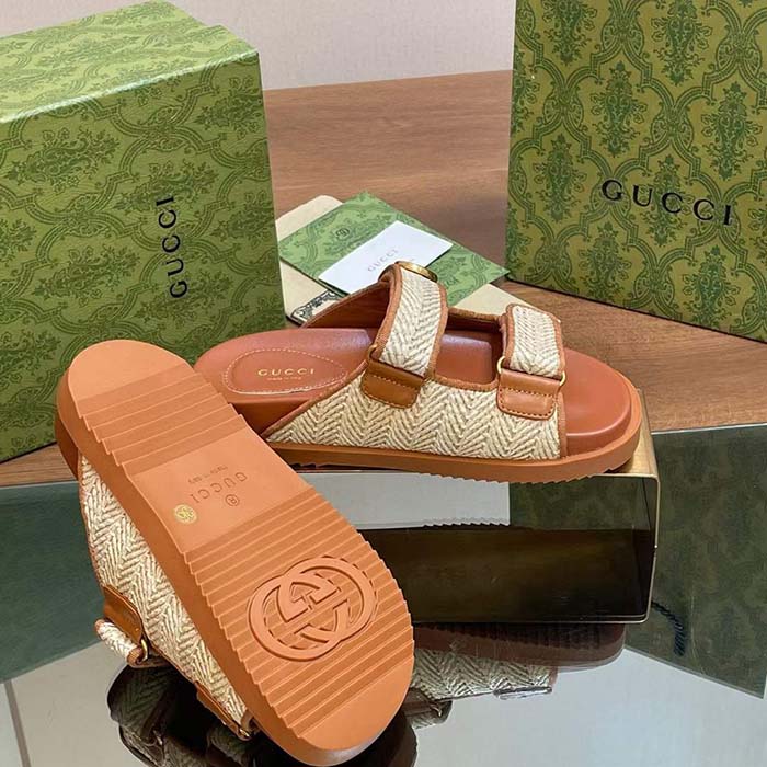 Gucci GG Unisex Sandal Double G Natural Raffia Effect Viscose Rubber Flat