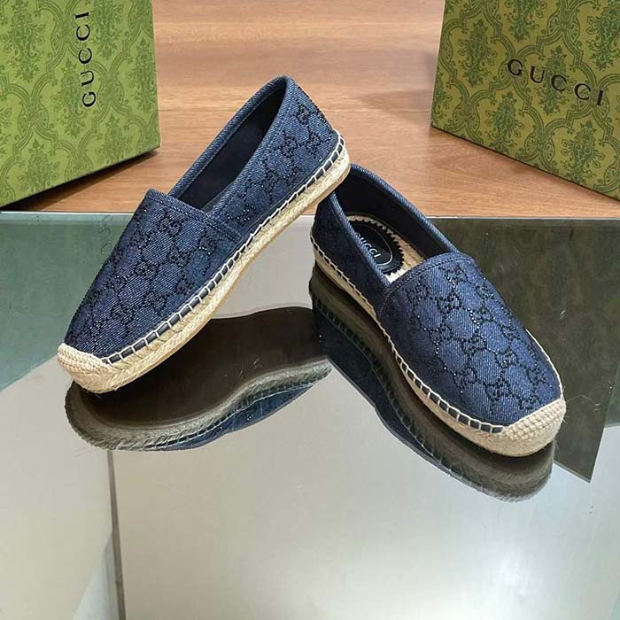 Gucci Unisex Espadrille GG Crystals Blue Denim Black GG Crystals Flat