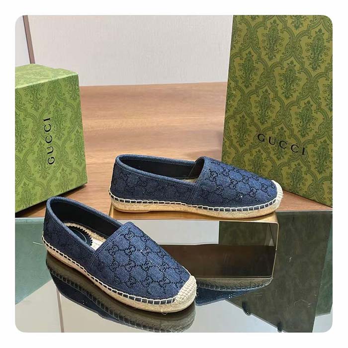 Gucci Unisex Espadrille GG Crystals Blue Denim Black GG Crystals Flat
