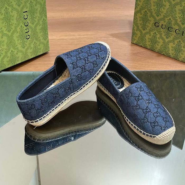 Gucci Unisex Espadrille GG Crystals Blue Denim Black GG Crystals Flat
