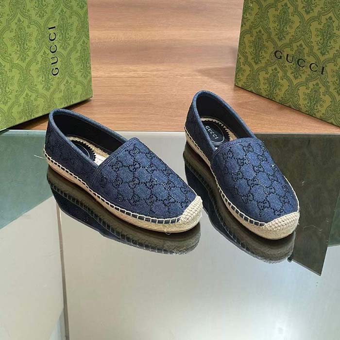Gucci Unisex Espadrille GG Crystals Blue Denim Black GG Crystals Flat