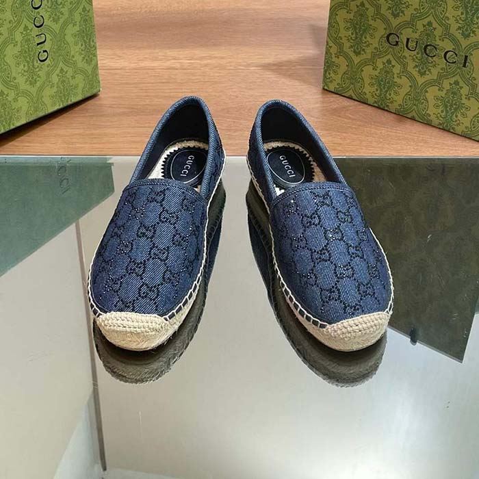 Gucci Unisex Espadrille GG Crystals Blue Denim Black GG Crystals Flat