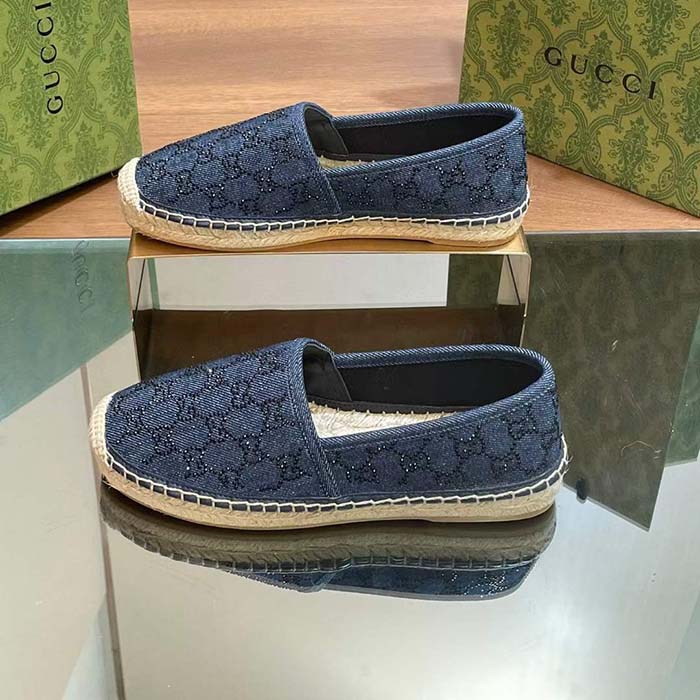 Gucci Unisex Espadrille GG Crystals Blue Denim Black GG Crystals Flat