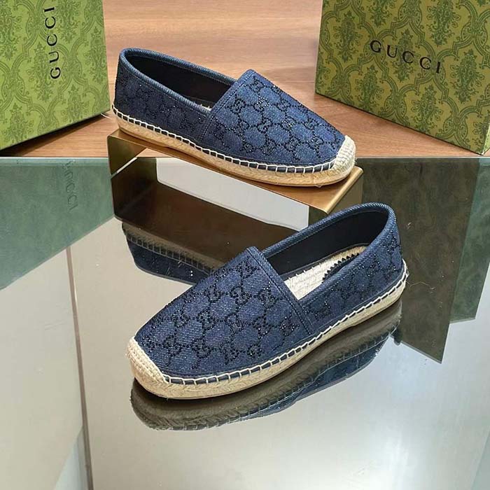 Gucci Unisex Espadrille GG Crystals Blue Denim Black GG Crystals Flat