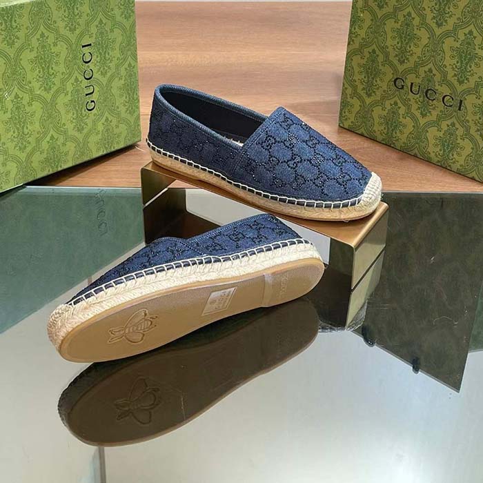 Gucci Unisex Espadrille GG Crystals Blue Denim Black GG Crystals Flat