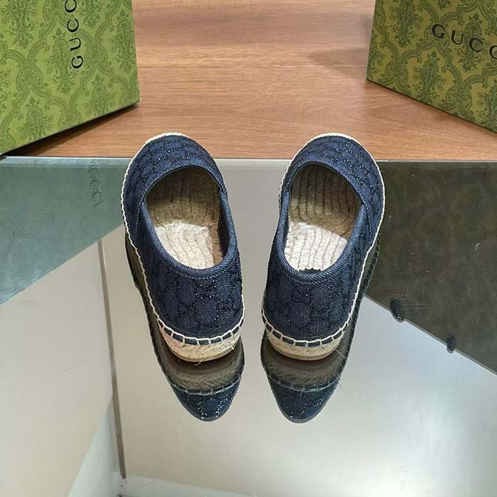 Gucci Unisex Espadrille GG Crystals Blue Denim Black GG Crystals Flat