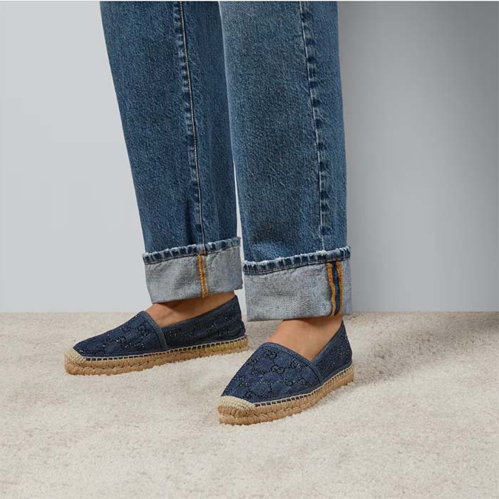 Gucci Unisex Espadrille GG Crystals Blue Denim Black GG Crystals Flat