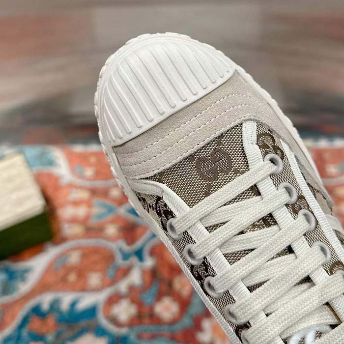 Gucci Unisex GG Canvas Sneaker Beige Ebony Original GG Canvas Lace Up Flat