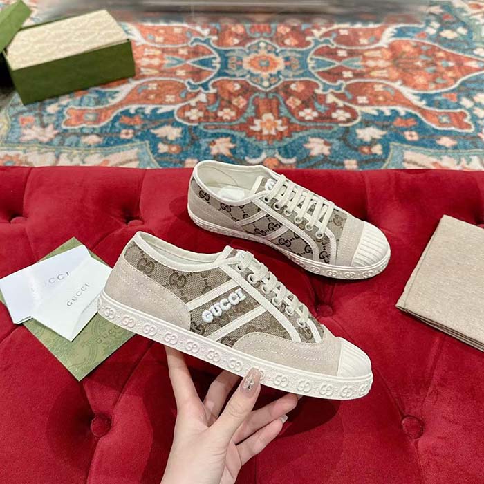Gucci Unisex GG Canvas Sneaker Beige Ebony Original GG Canvas Lace Up Flat