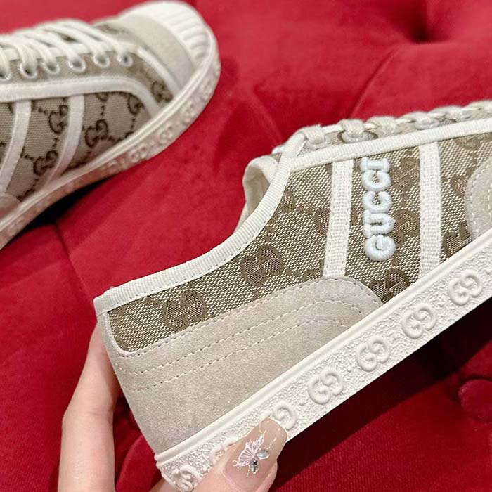 Gucci Unisex GG Canvas Sneaker Beige Ebony Original GG Canvas Lace Up Flat