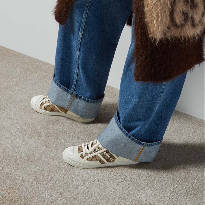 Gucci Unisex GG Canvas Sneaker Beige Ebony Original GG Canvas Lace Up Flat