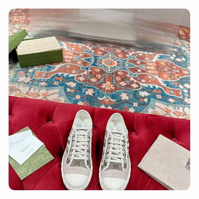 Gucci Unisex GG Canvas Sneaker Beige Ebony Original GG Canvas Lace Up Flat