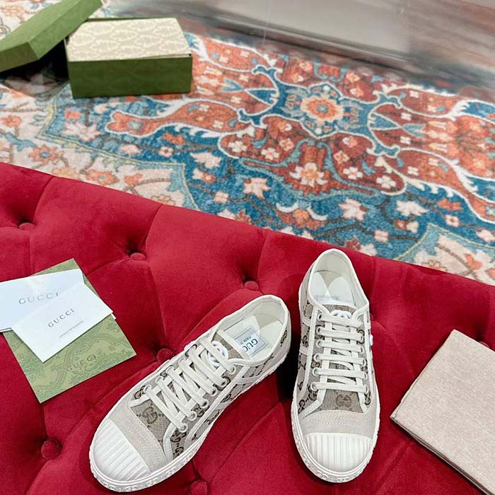 Gucci Unisex GG Canvas Sneaker Beige Ebony Original GG Canvas Lace Up Flat