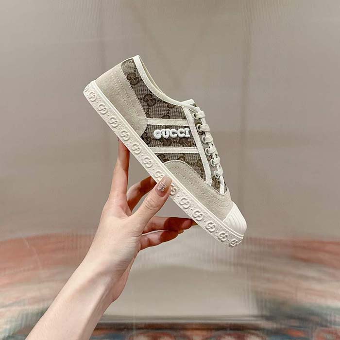 Gucci Unisex GG Canvas Sneaker Beige Ebony Original GG Canvas Lace Up Flat
