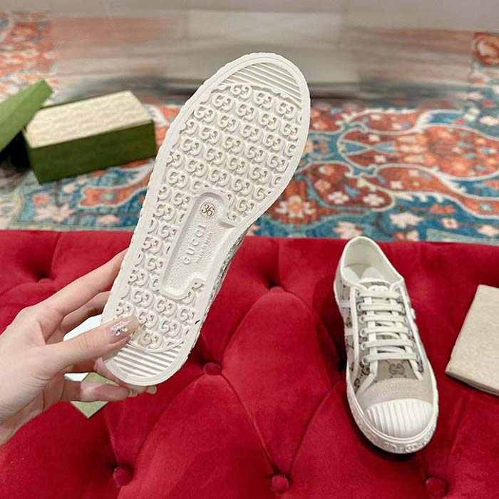 Gucci Unisex GG Canvas Sneaker Beige Ebony Original GG Canvas Lace Up Flat